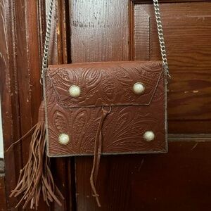 Sam Edelman brown genuine leather and metal shoulder bag with pearls and tassels
